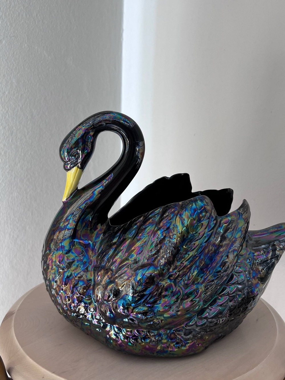 Vintage Iridescent Black Swan Ceramic Planter - Black